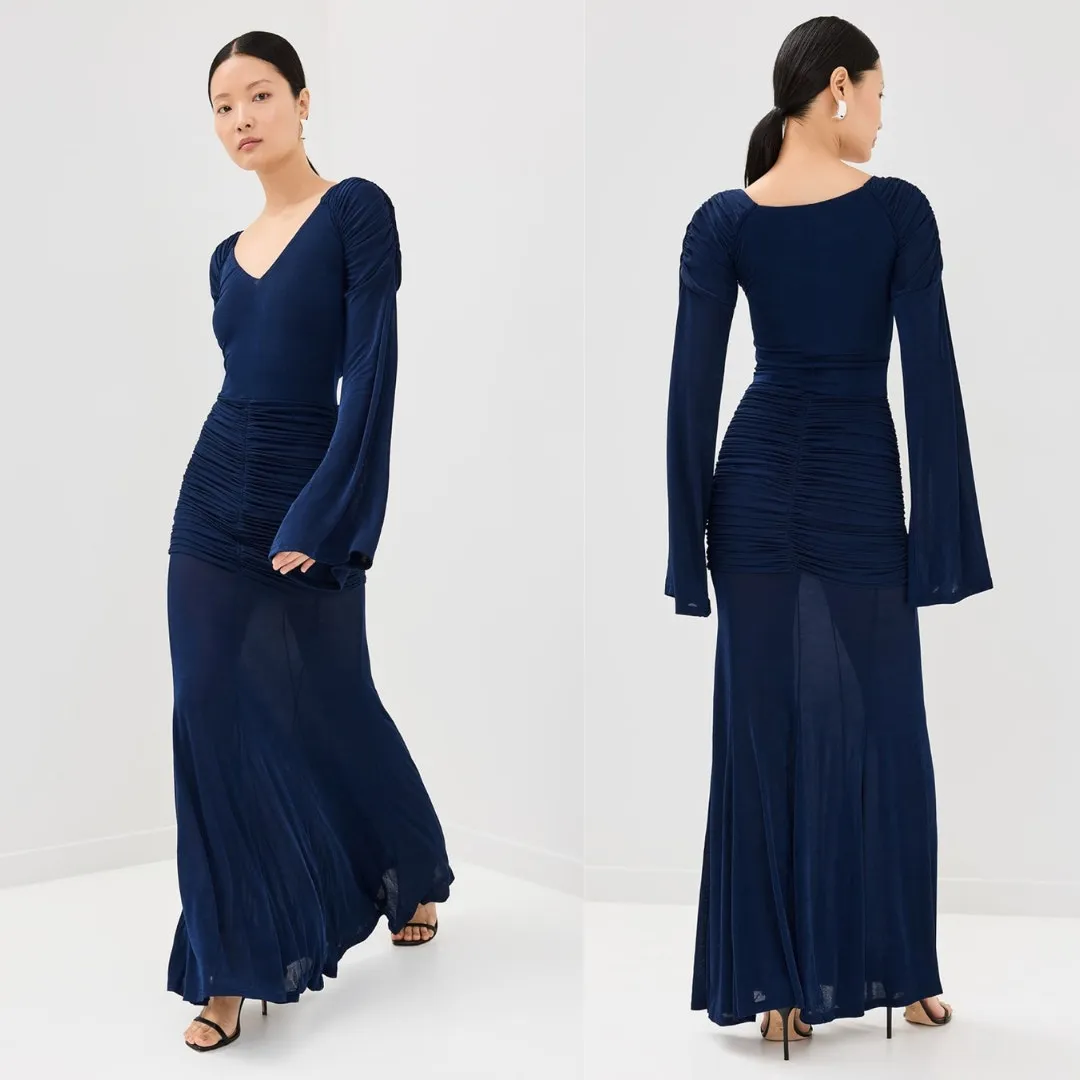 NEW ORIRE Dress Maya‎ Blue Ruched Long Sleeve Draped Maxi Gown Size 0 - Image 7