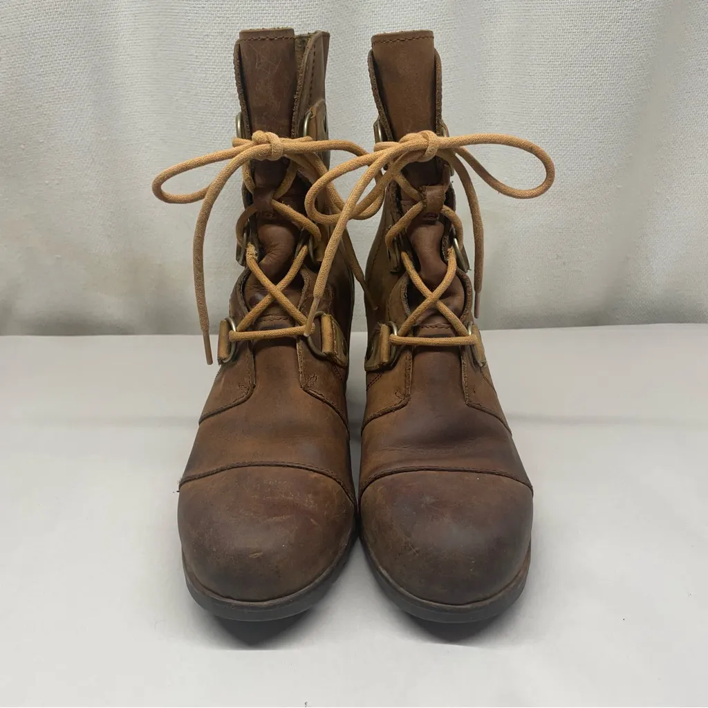 Sorel Joan of Arctic Wedge Boots Brown Leather Lace Up Size 9 - Image 4