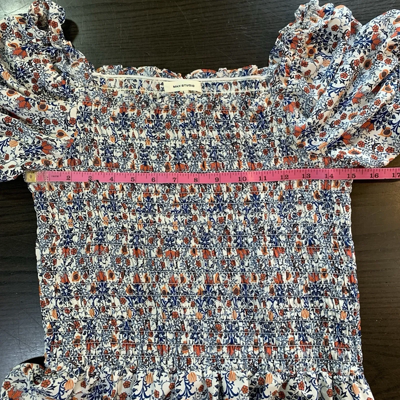 Max Studio Prairie Dress‎ Floral Puff Sleeve Square Neck Smocked A-Line Large - Image 6