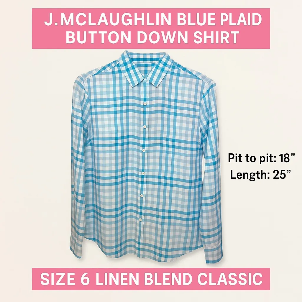 J. McLaughlin Sky Blue Checkered‎ Button Down Shirt Linen Blend Size 6 Classic - Image 4