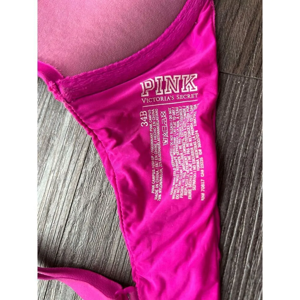 Pink Victoria Secret Hot Pink Push-Up Padded Bra Underwire Adjustable Straps 34B - Image 4