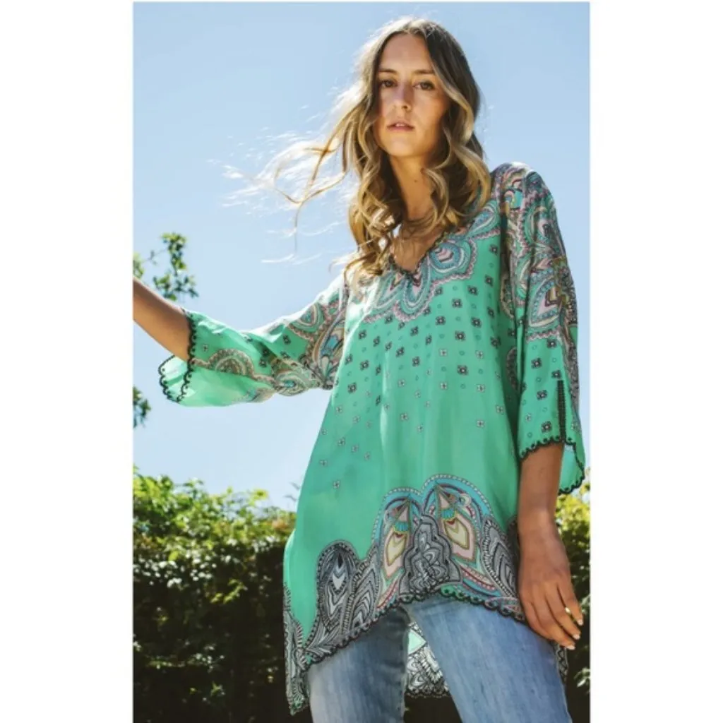 Johnny Was Green Silk Printed Tunic Blouse Size XXL - Image 4
