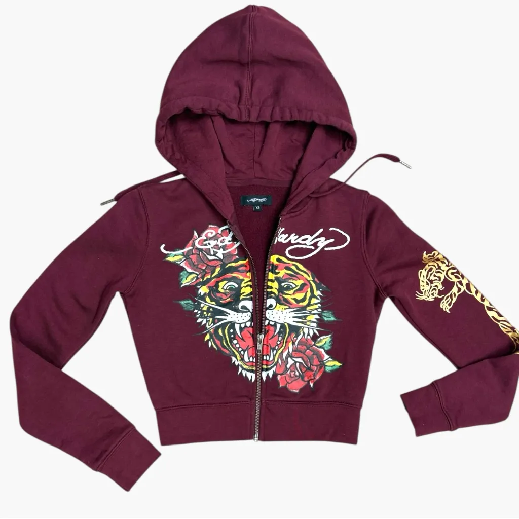 Ed Hardy Burgundy Hoodie with Tiger and Rose Cropped Zip Hoodie Size XS Retro - Image 1