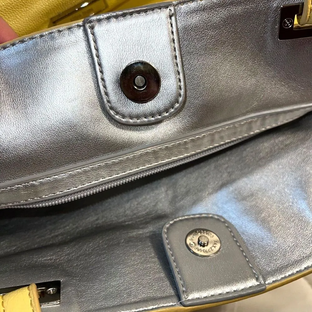 Nine West Ava Faux Leather Tote Bag Purse Floral Laser Cut Design Yellow Silver - Image 10