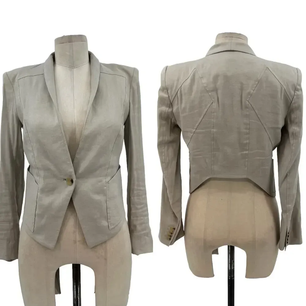 Helmut Lang Cropped Blazer Jacket in Aritfact Linen Blend Beige Size 2 - Image 2