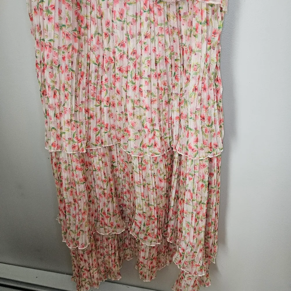 Something Navy Dress Floral Pleated Tiered Cream Multi Maxi Midi Garden Party - Image 5