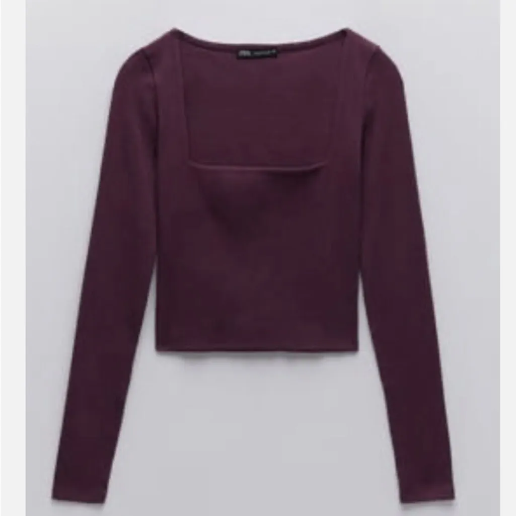 NWOT Zara Deep Berry Ribbed Square Neck Longsleeve Crop Top Sz. M - Image 2
