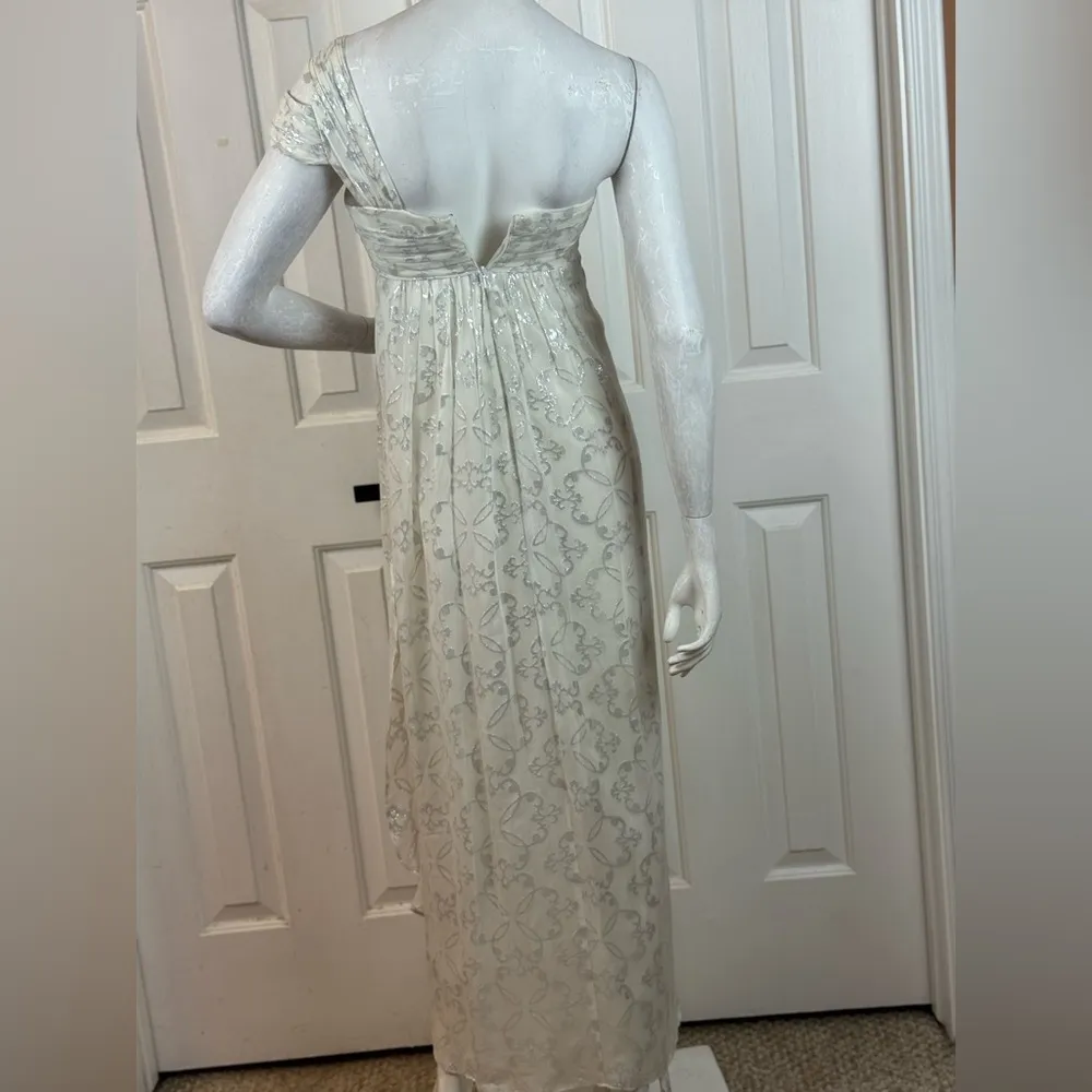 Nicole Miller Silk One Shoulder Dress Maxi 10 Long Foil Silver White Gown Size 2 - Image 7