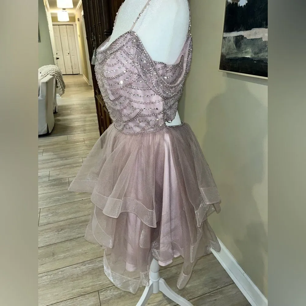 Aspeed Pink Ruffled Layered Off Shoulder Beaded Short Gown Semi-Open Back L - Image 7