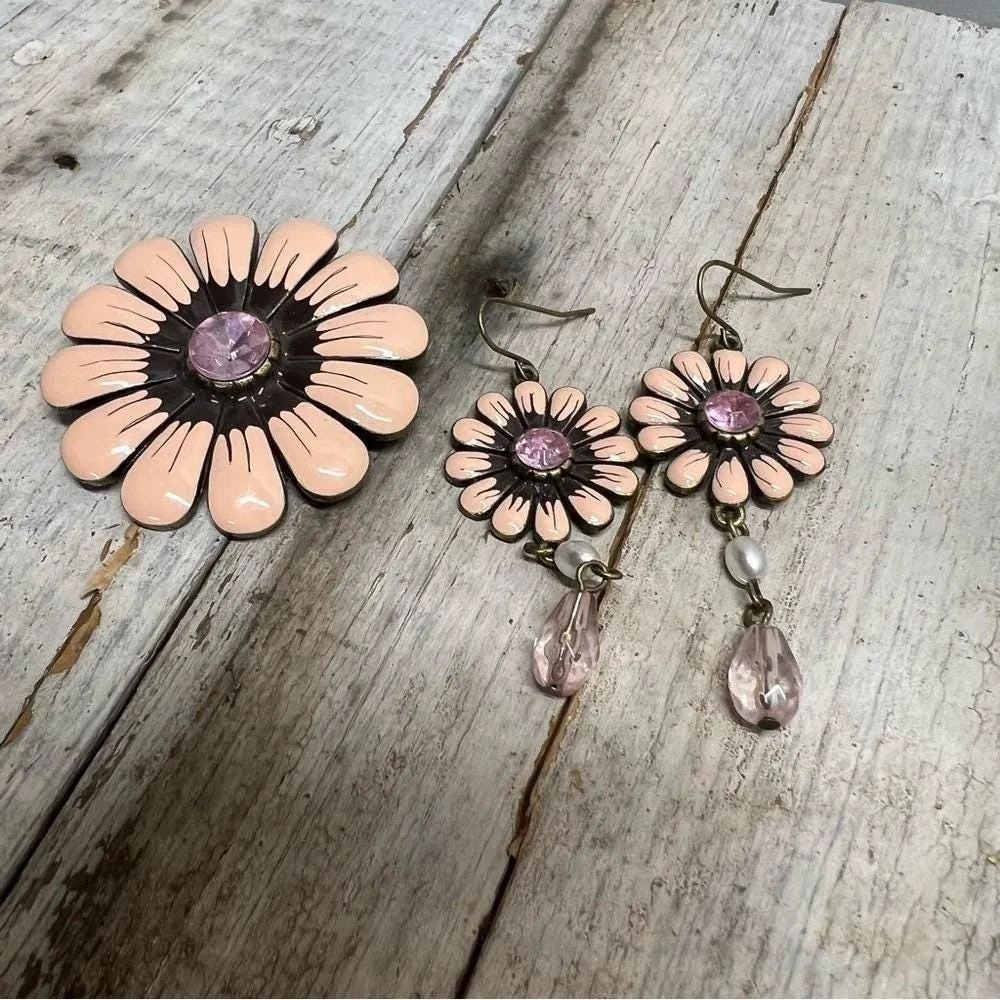 Vintage Pink Flower Drop Earrings with Rhinestones + Matching Floral Pin Set - Image 2