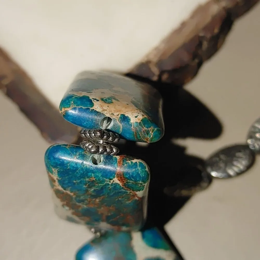 Vintage Silver Necklace Unknown Stone Brown Turquoise Tone Chunky Statement - Image 3