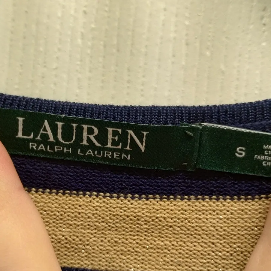 Lauren Ralph Lauren Size Small Gold Metallic & Navy Blue Striped Shift Dress - Image 4