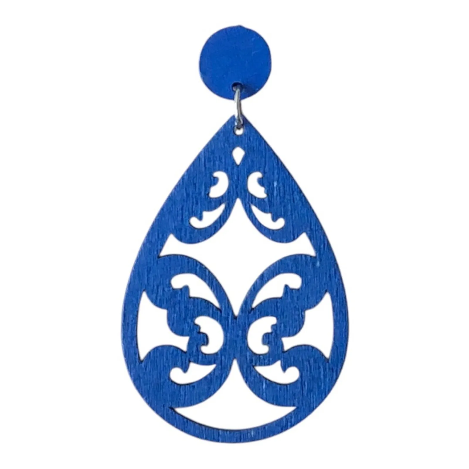 Bohemian Lightweight Wooden Filigree Laser Cut Tear Drop Dark Blue Earrings - Image 5