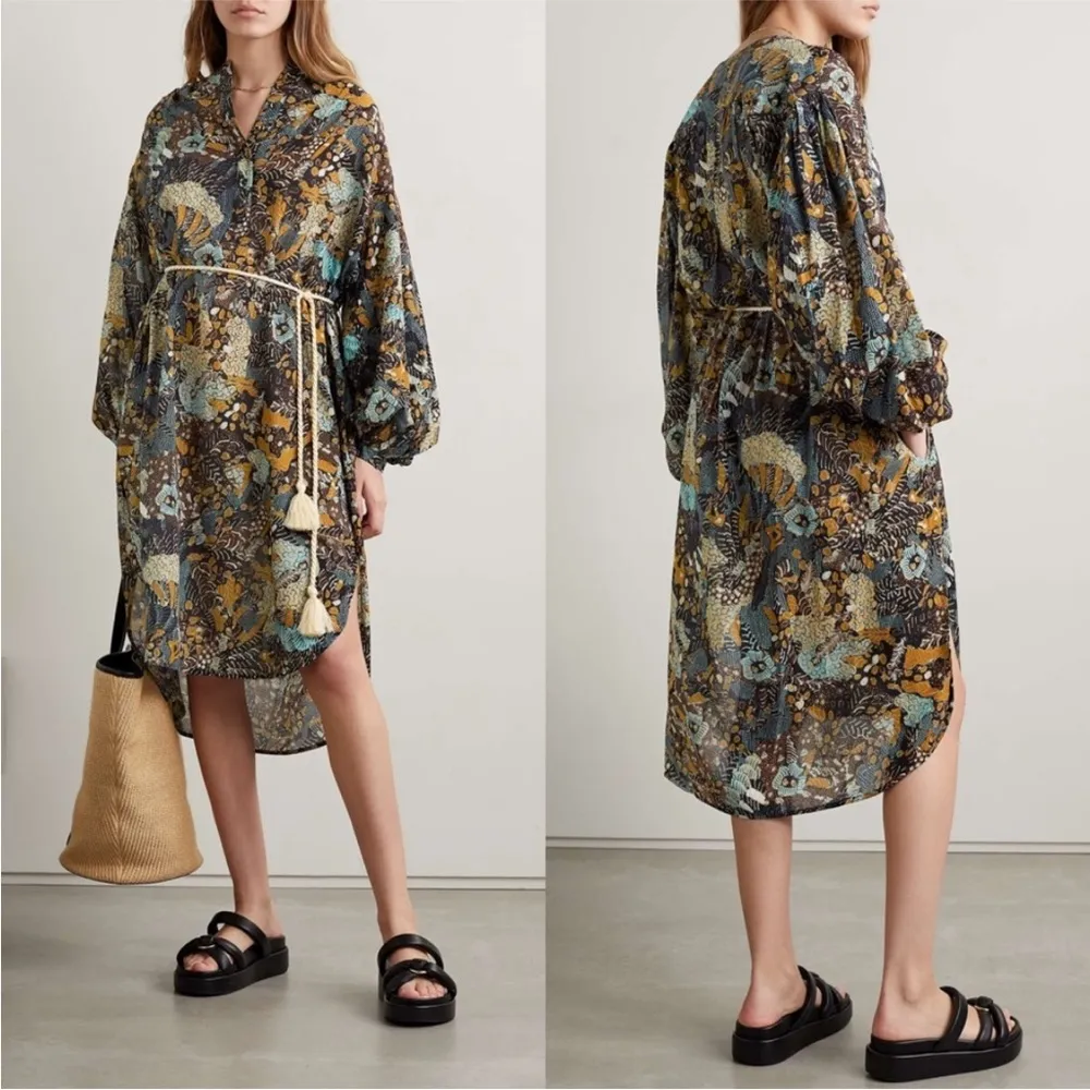 Ulla Johnson Agadir Belted Cotton Blend Printed Voile Dress Earth Tone Sol - Image 3