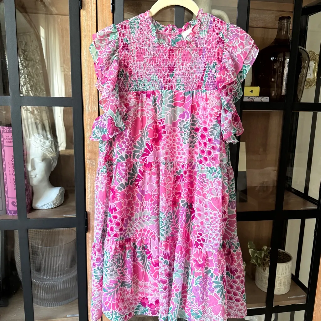 Aura floral smocked dress mini colorful chiffon flutter ruffle short sleeve - Image 5