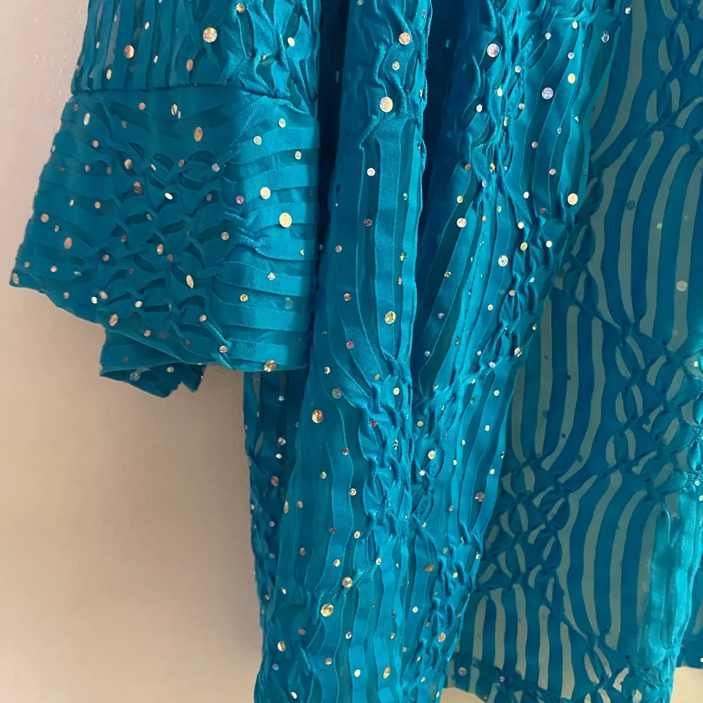 Womens Open Cardigan Jacket 2XL Bust 50” Turquoise Blue Silver Dot Sparkles Size 2X - Image 3