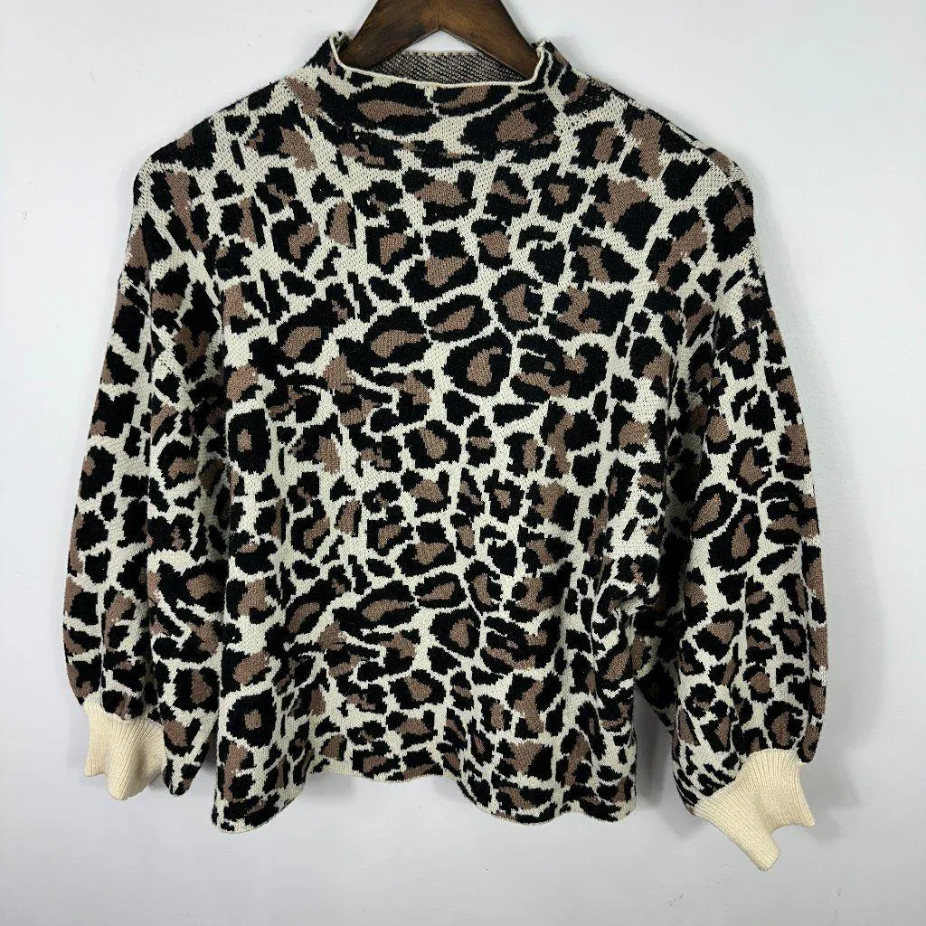 Line & Dot Leopard Sweater Women L Mock Neck Balloon Sleeve Animal Print Chic - Image 1