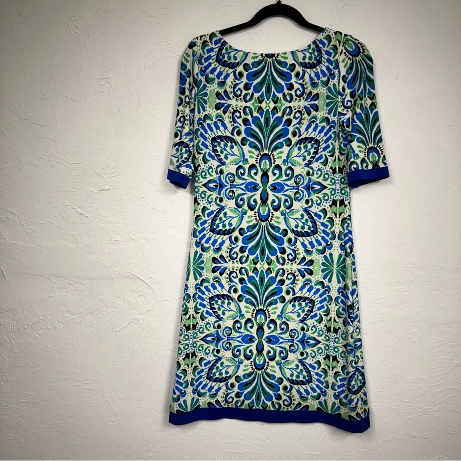 Eliza J Blue Paisley Sheath Dress Womens 4 Mini 3/4 Sleeve Preppy Office Work - Image 4