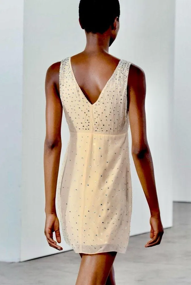 Zara NWT nude jewelled embellished crystal rhinestone sparkly v neck mini dress - Image 8