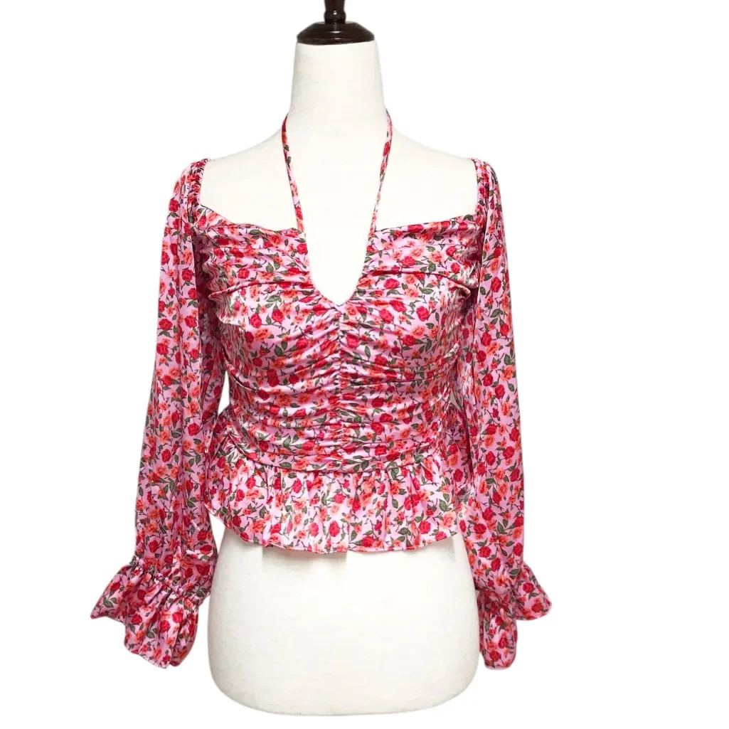 WAYF Pink‎ Rose Floral Sweetheart Ruched Peplum Top Cottagecore Coquette Small - Image 2