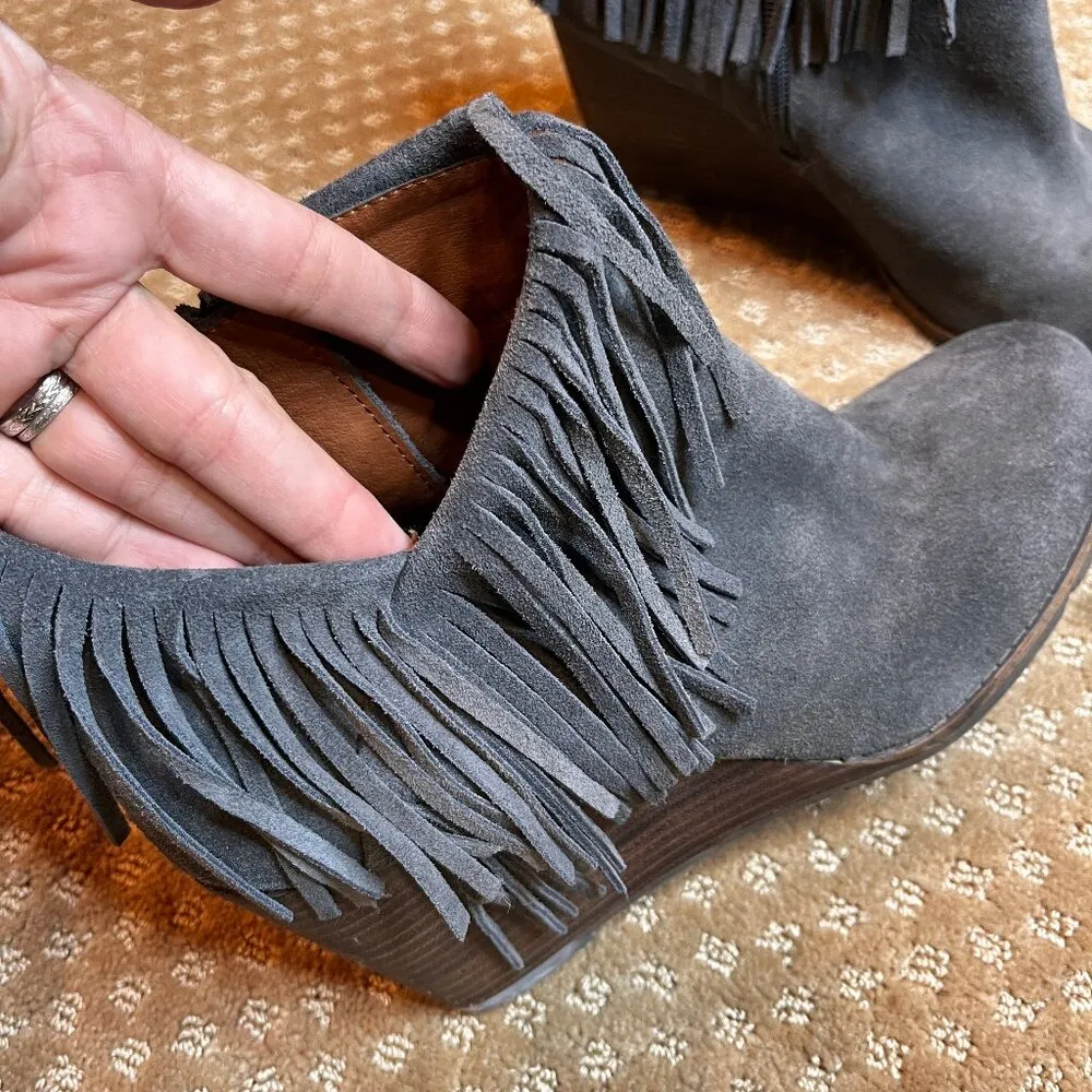 Lucky Brand Yachin Dark Gray Suede Fringe Wedges Ankle Bootie Boho Western SZ 11 - Image 4