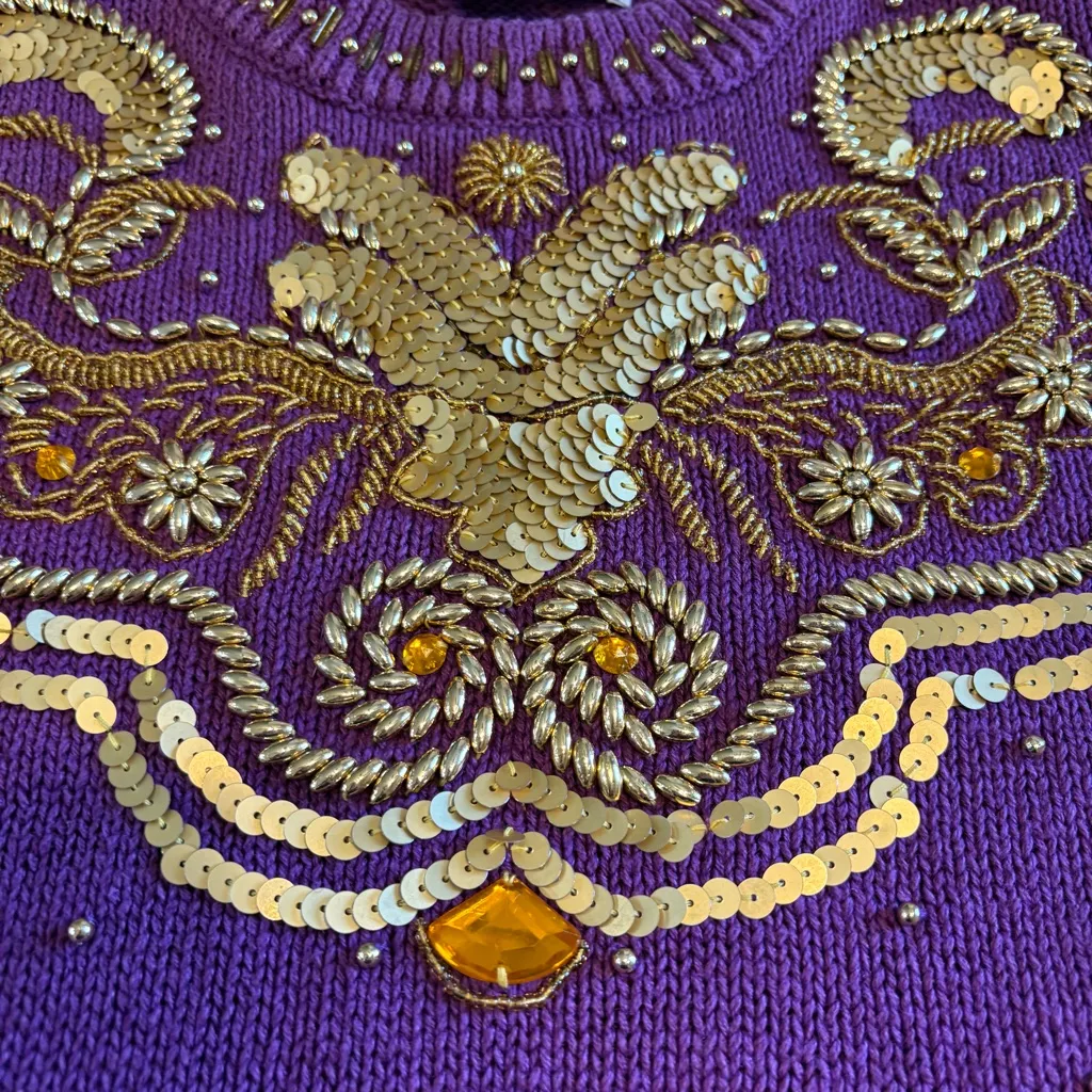 Victoria Harbour Purple Beaded Sweater Sequin Gem Boxy S Long Line Vintage Gold - Image 5