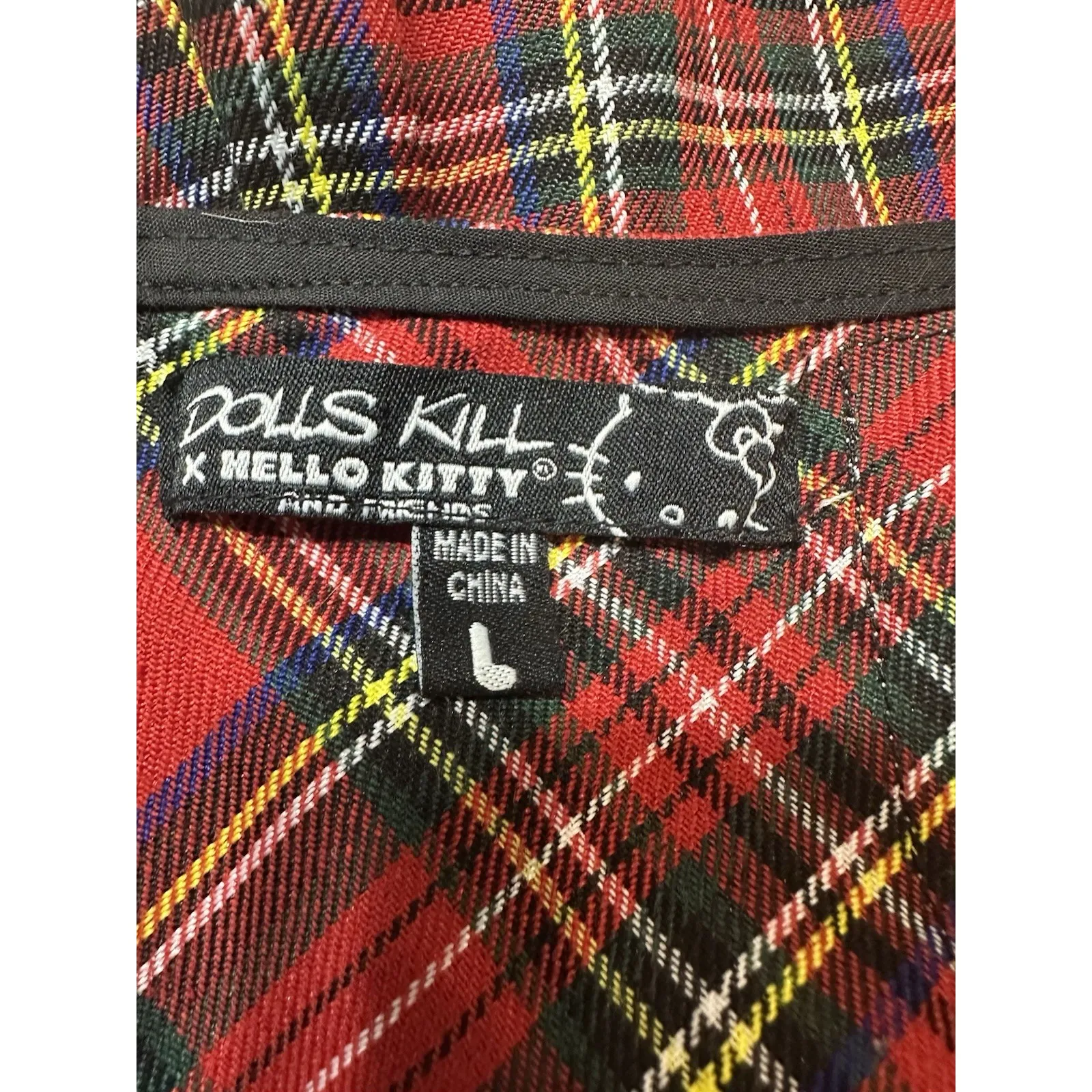 Dolls Kill x Hello Kitty Red Plaid Pleat Punk Mini Skirt L Chains Patches Kawaii - Image 6