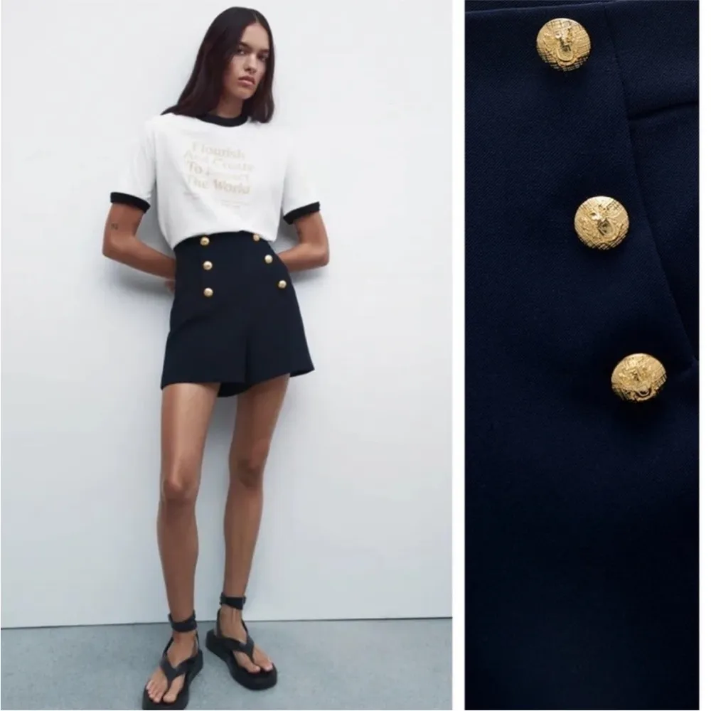 ZARA Nautical Navy Blue Gold Button High Waist Bermuda Shorts Size S Small - Image 2