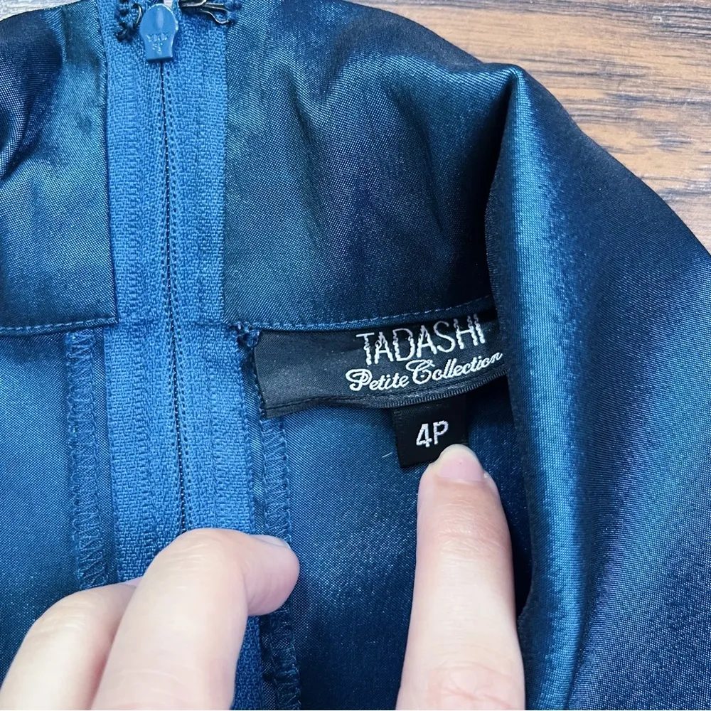 TADASHI • Stretch Taffeta Blouse teal blue ruched sleeve tie waist wing collar - Image 3