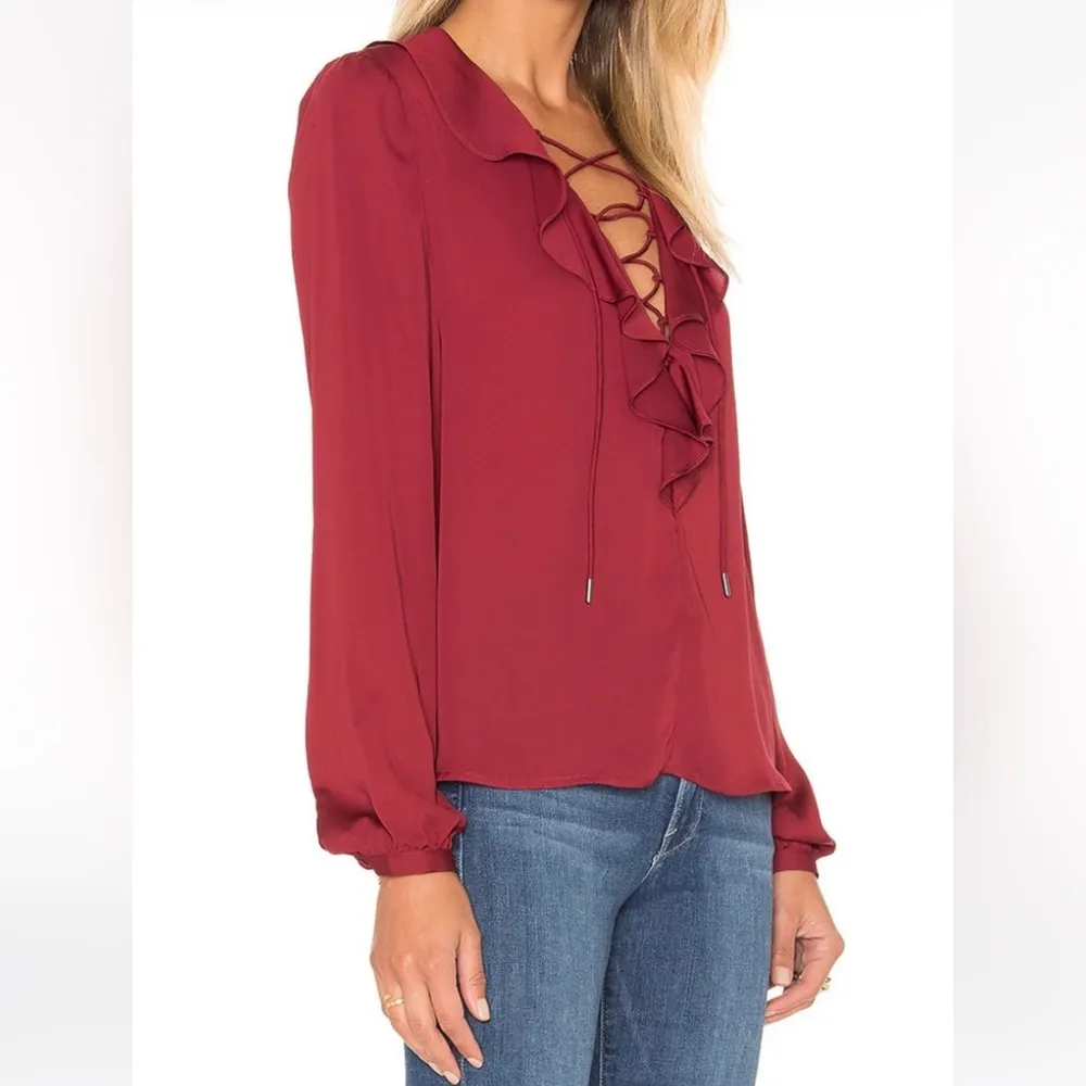 L’Academie The Ruffle Boho Blouse Crimson Lace up Tie Front Satin Burgundy - Image 2