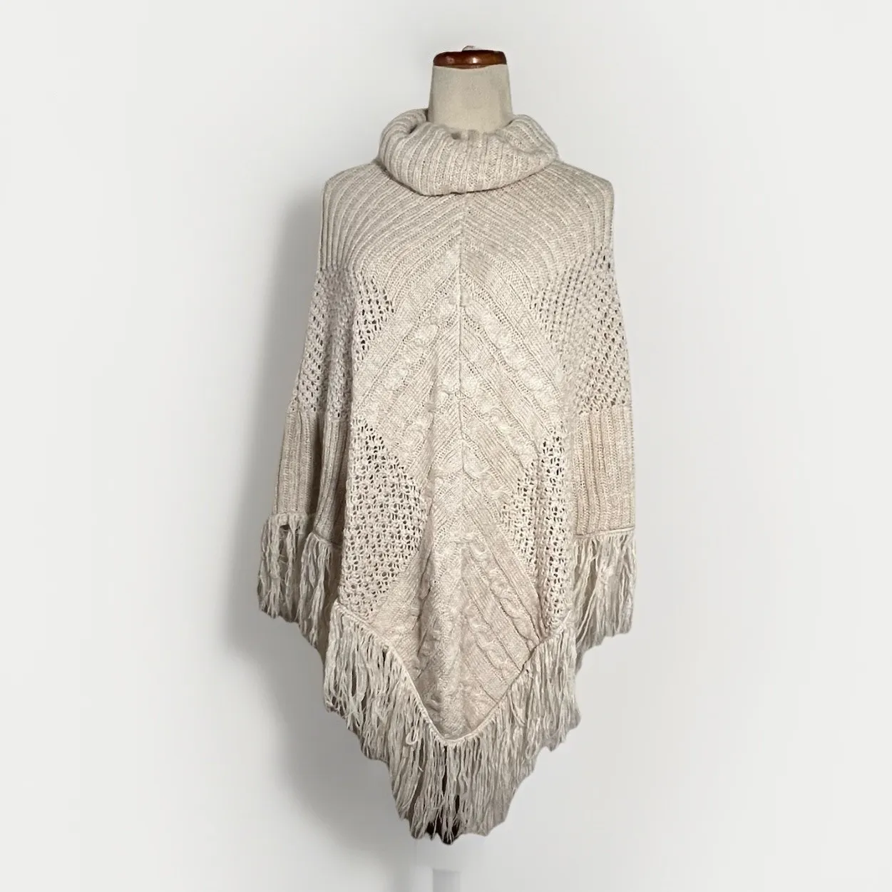 Altar'd State XS Cream Knit Fringe‎ Poncho Sweater Cowl Neck Boho Cozy Fall - Image 2