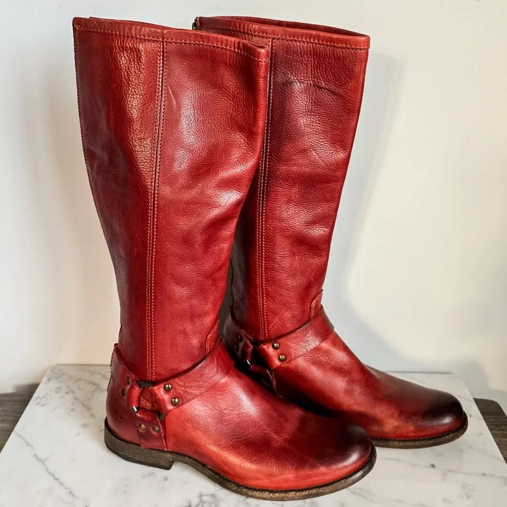 Frye, Phillip Harness Boots Red Burgundy Tall Leather Western Boot, Size 8.5 - Image 2