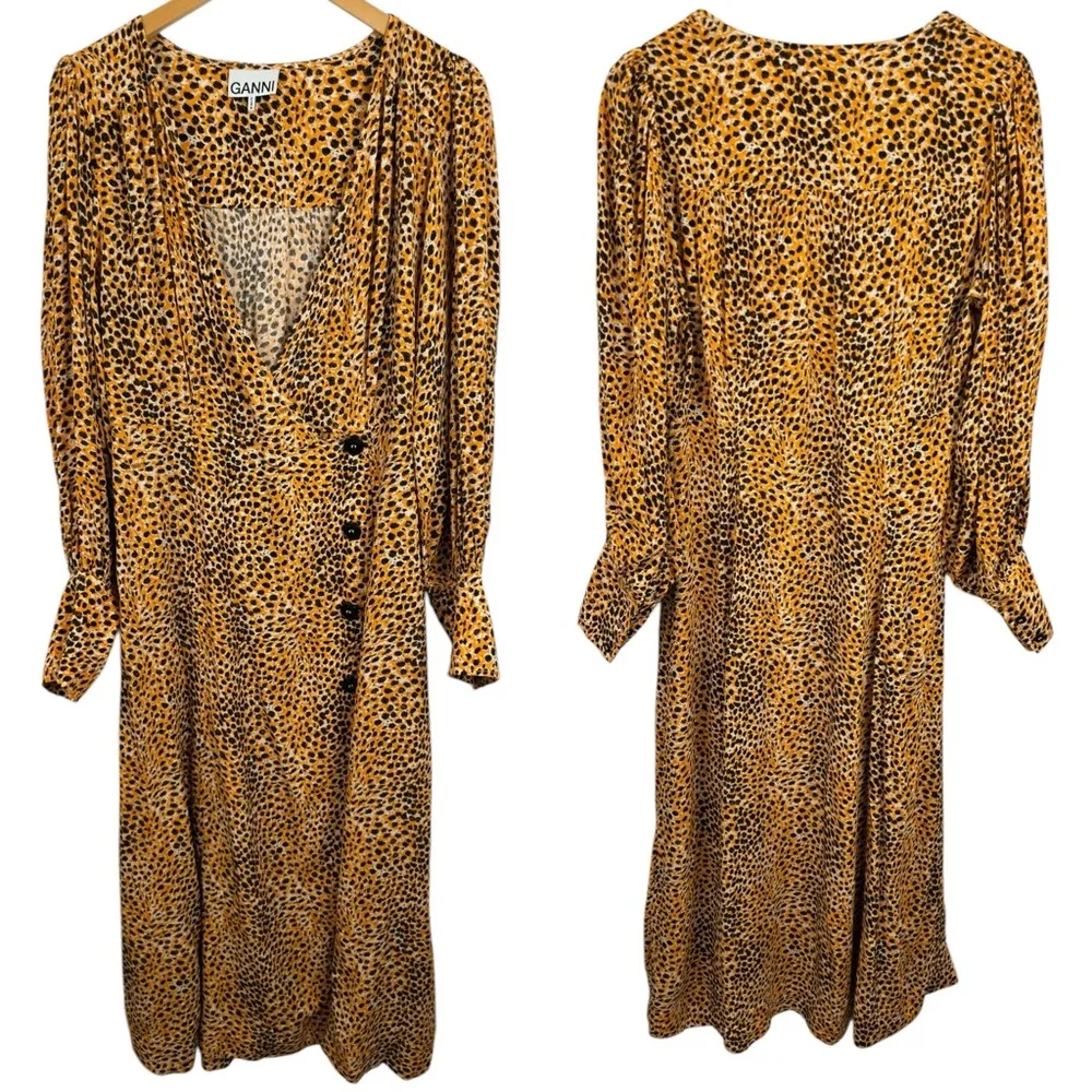 Ganni Wrap-effect Yellow Leopard Print Crepe Buttoned Midi Dress Long Sleeve 42 - Image 2