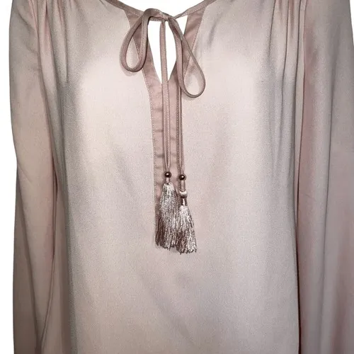 WHITE HOUSE BLACK MARKET Ballerina Pink Peasant Lattice L/S Tassel‎ Blouse NWT 0 - Image 4