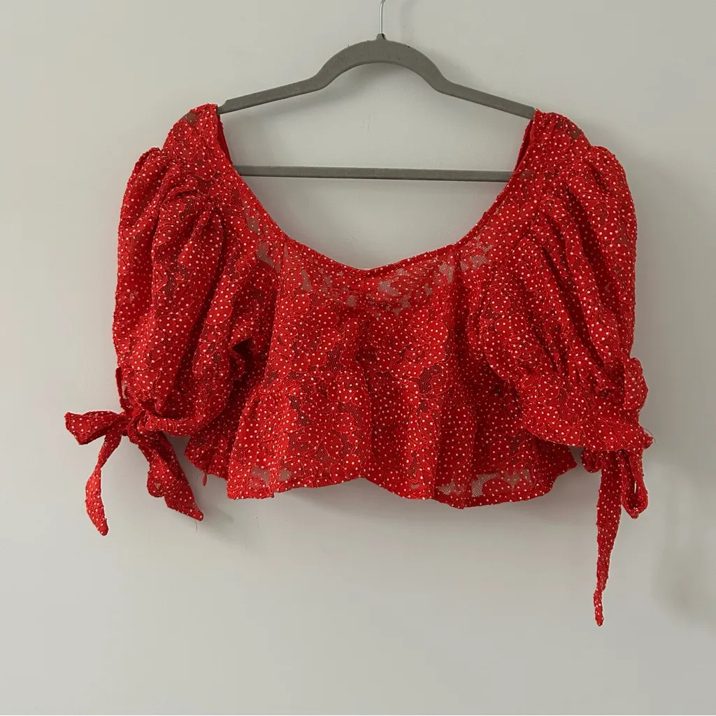 For Love & Lemons Leila Top Red White Lace Polka Dot Puffed Sleeves Crop Top S - Image 7