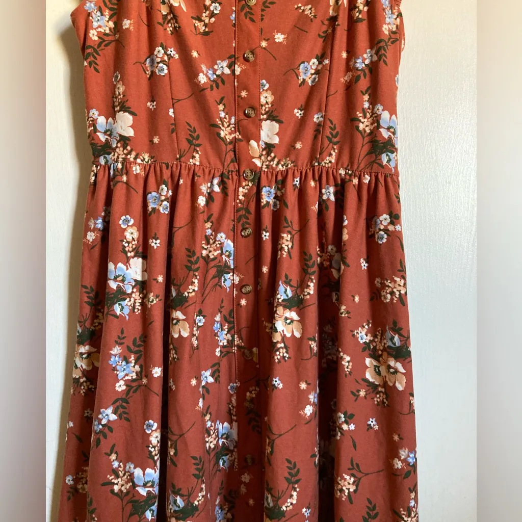 🌞No Boundaries Rusty Brown Floral Cap Sleeves High Low Midi Dress - Image 8