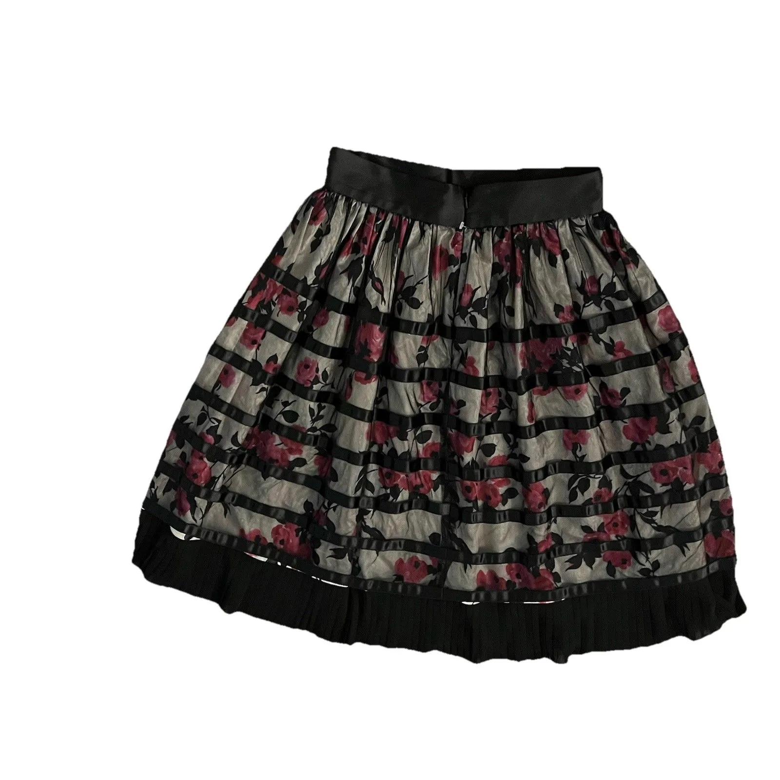 J. Perterman Floral Ribbon Skirt 6 Midi Black Pink Satin Lace Overlay Pleated - Image 2