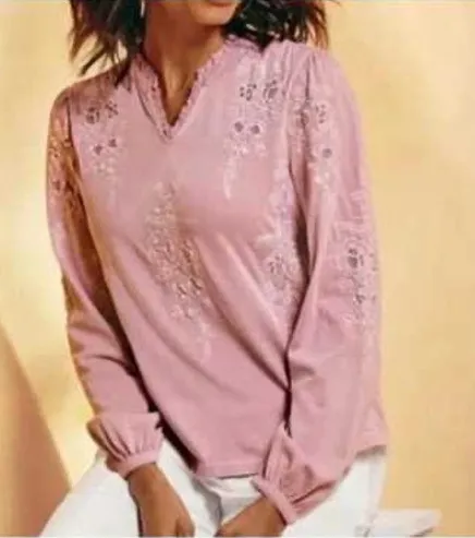 Soft Surroundings Floral Embroidered Blouse Small Pink Boho Peasant Long Sleeve - Image 1
