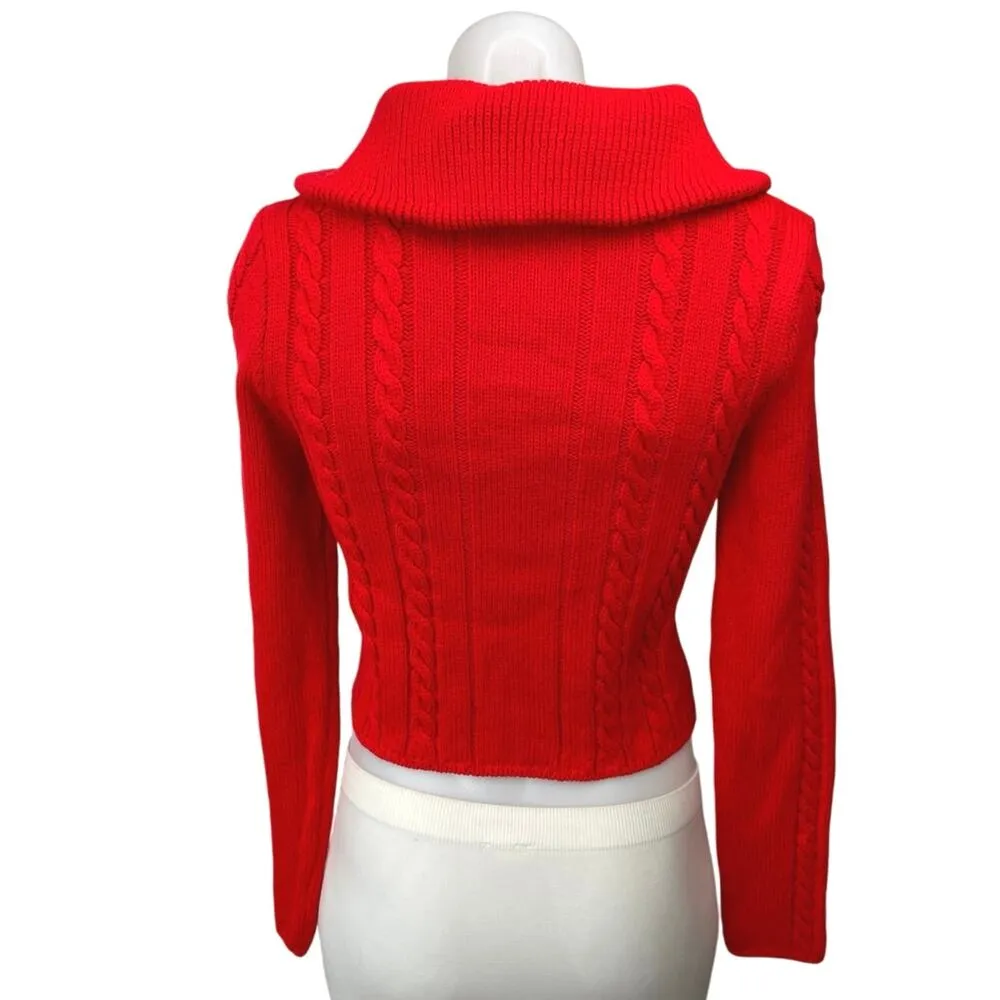Zara Red Cable Knit 1/4 Zip High Neck Collared Long Sleeve Crop Sweater Top Sz S - Image 2