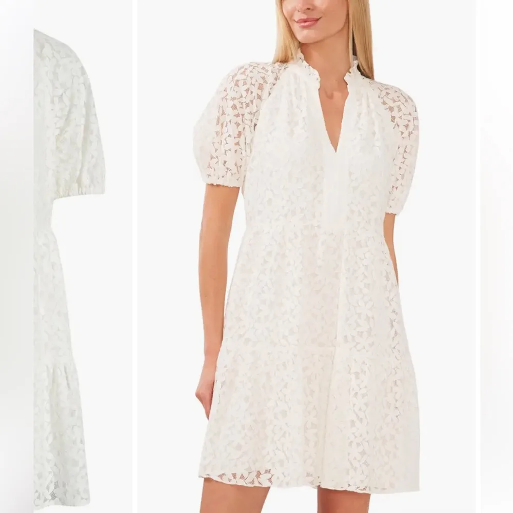 CeCe Ivory Floral Lace Puff Sleeve Babydoll Minidress Dress - Image 2