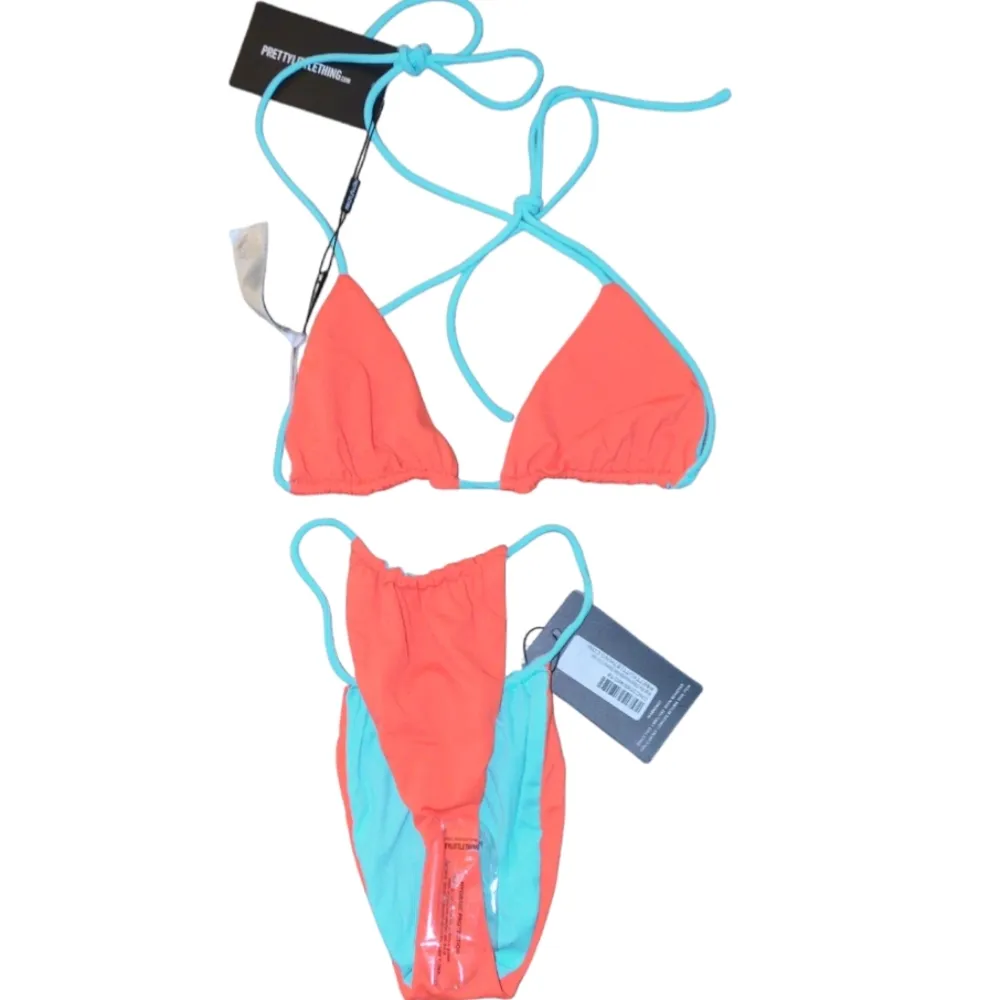 Prettylittlething Blue And Orange Reversible Ribbed Bikini Set Size 6 - Image 3