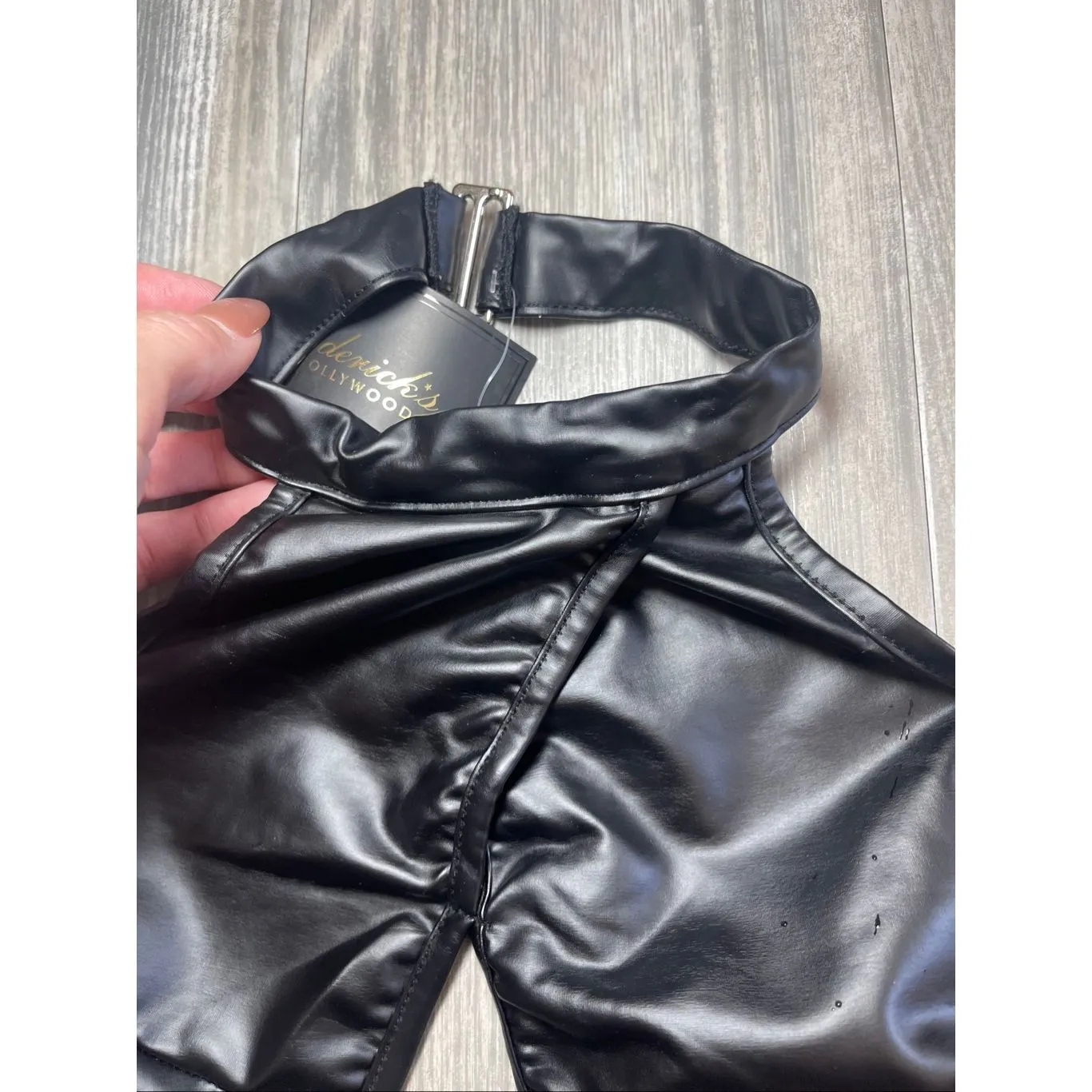 NWT Fredrick’s of Hollywood black faux leather halter top lingerie bikini set Si - Image 4