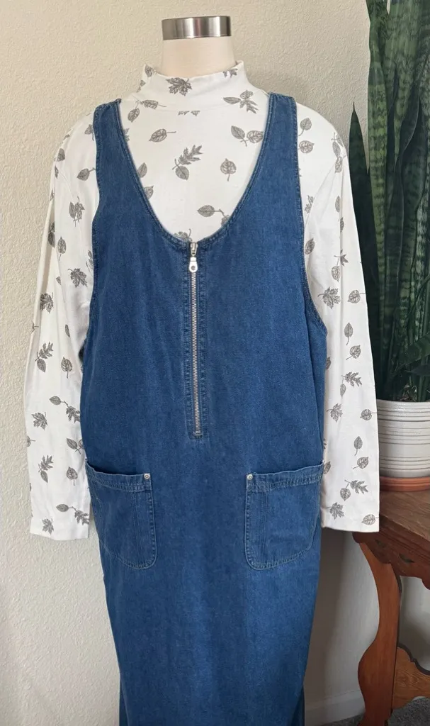 Vintage Denim Zip Front Jumper Dress Sleeveless Pockets 90s Minimalist large Blue - Image 2