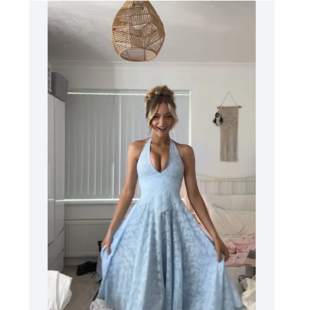 House Of CB Arietta Floral Jacquard Plunge Halter Neck Dress Blue - Image 4