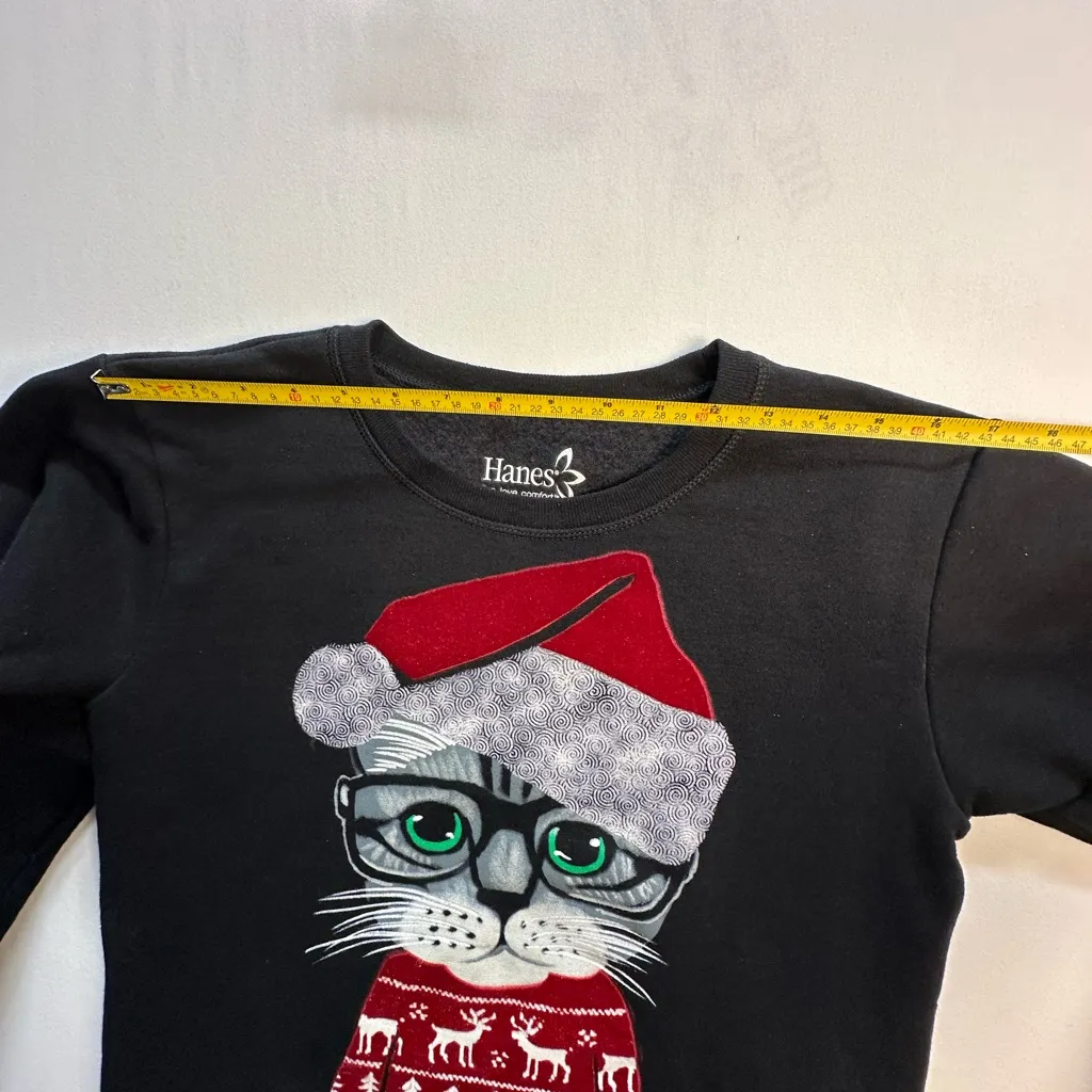 Vintage Merry Xmas Cat Santa Claus Sweatshirt Big Logo Women Small Black - Image 9