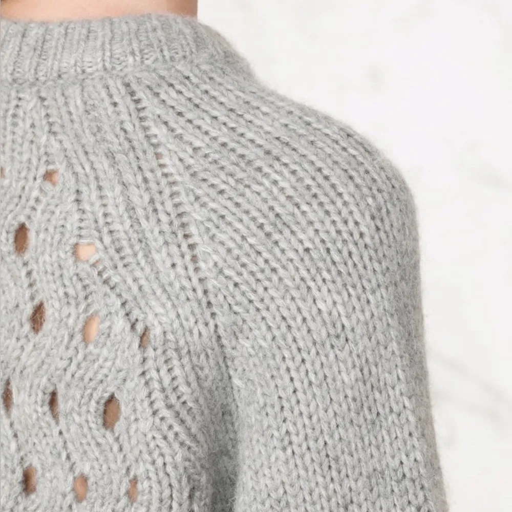 & OTHER STORIES Zig Zag Eyelet Gray Wool Alpaca Knitted Chunky Crewneck Sweater - Image 3