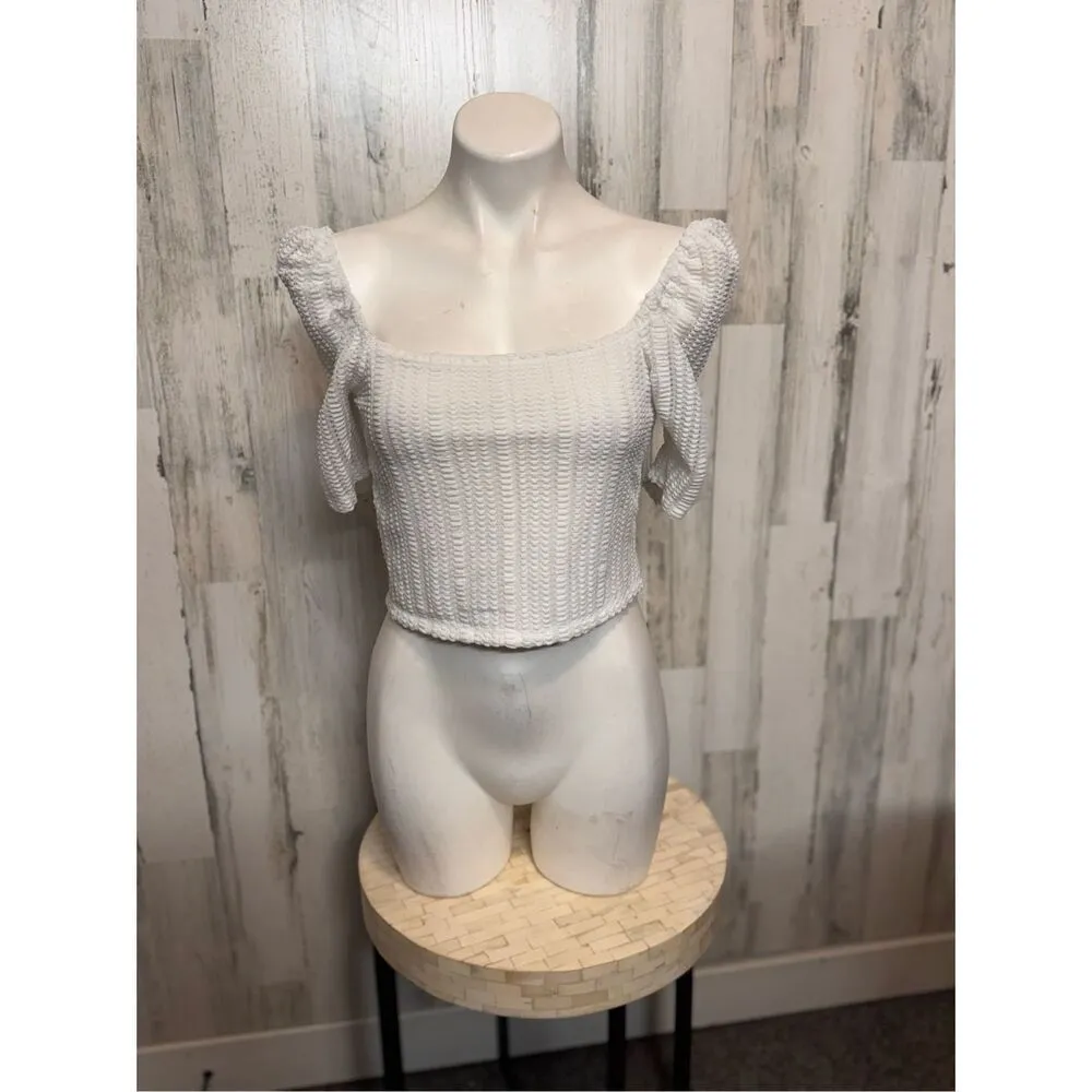 Poof New York White Smocked Crop Top M Boho Cottagecore Puff Sleeve - Image 2