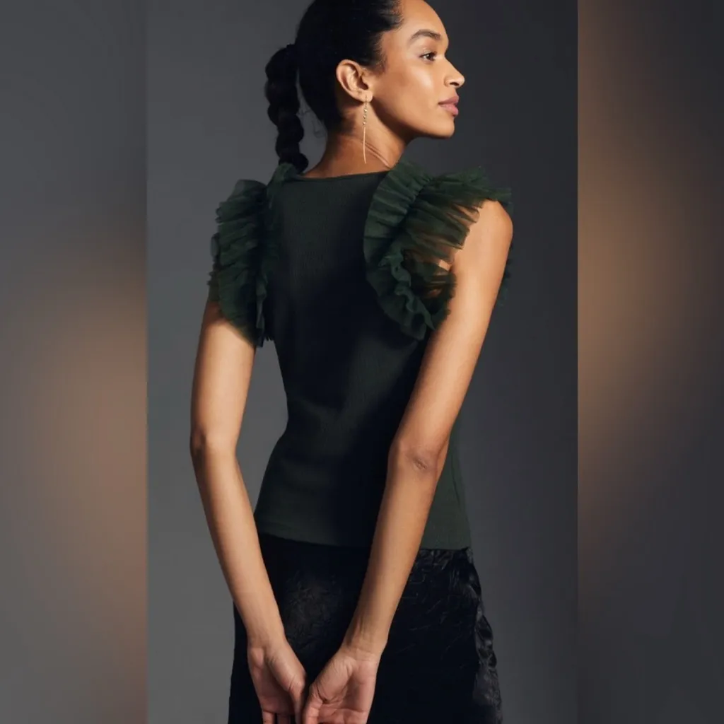 Anthropologie Dolan Tulle Ruffle Sleeve Tank Top Dark Green Size XL - Image 2