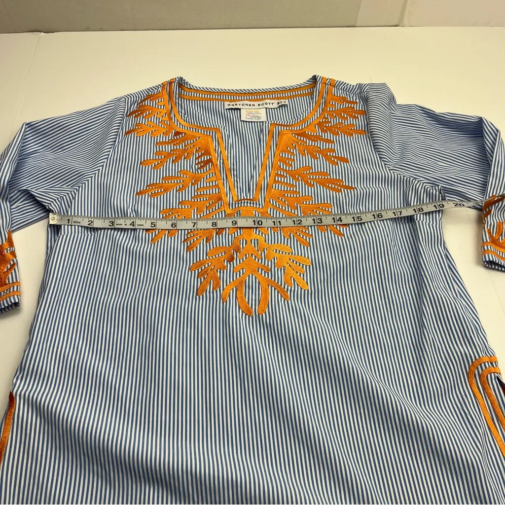 Gretchen Scott Tunic The Reef Embroidered Top Blue Sea Coral Stripe Medium *FLAW - Image 5
