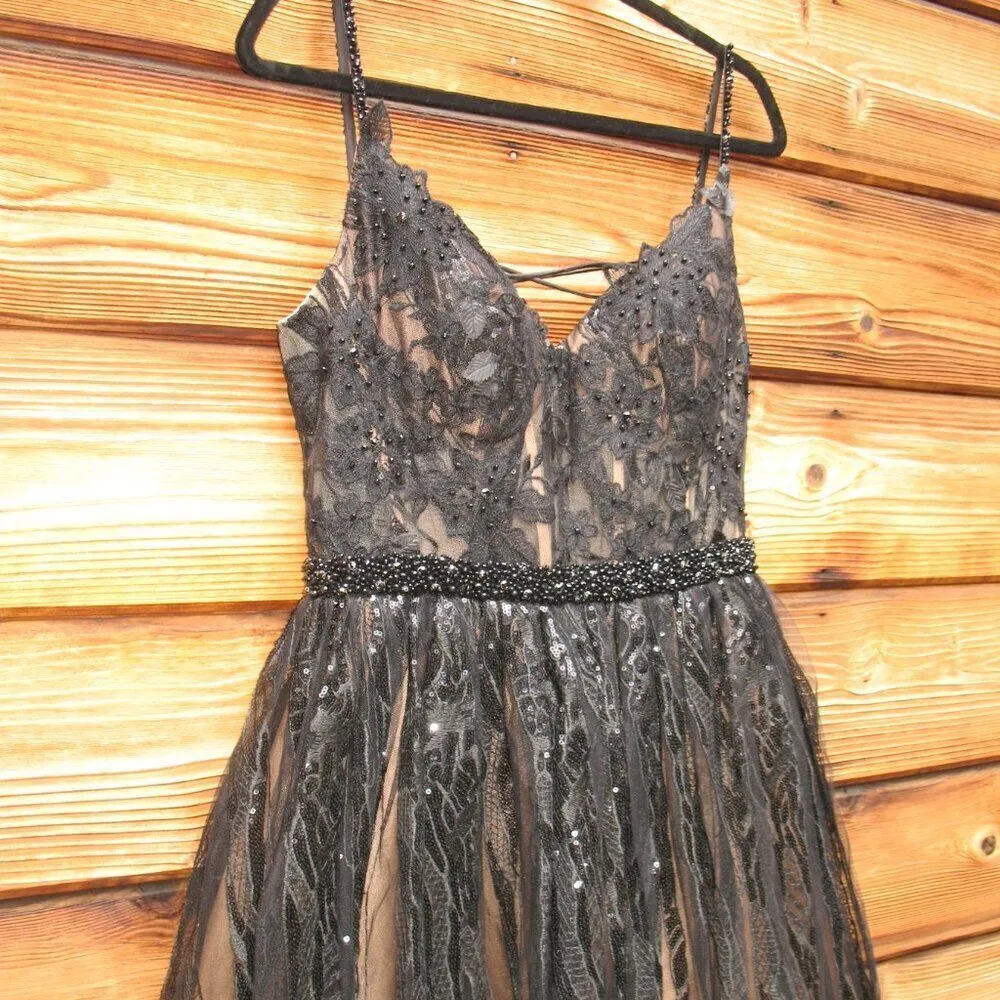 Mac Duggal 67563  Womens Black Floral Applique Tie Back Lace Gown Dress - Image 9